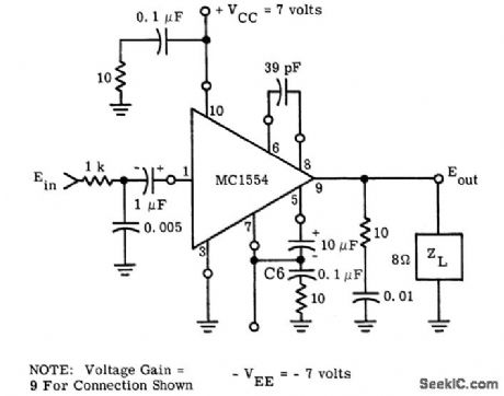 1_watt_noninverting_power_amplifier_for_split_power_supply_operation_using_an_MC1554