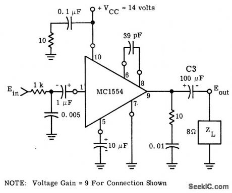1_watt_noninverting_power_amplifier_using_an_MC1554_connected_to_a_single_supply