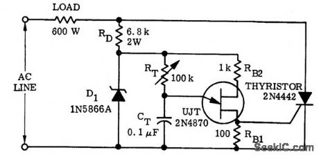 Thyrister_half_wave_control_circuit_with_UJT_trigger_designed_for_a_600_ohm_load
