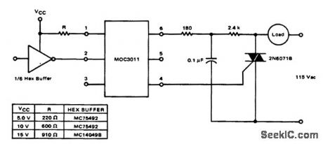MOS_to_AC_load_interface_using_an_MOC3011_optically_coupled_triac_driver