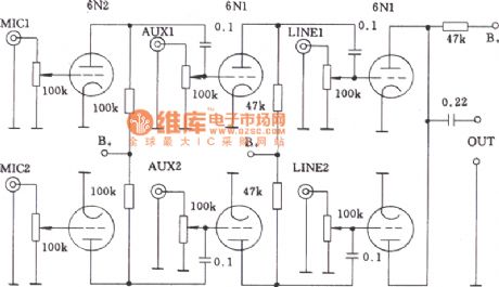Multi-channel audio input mixing circuit of tube