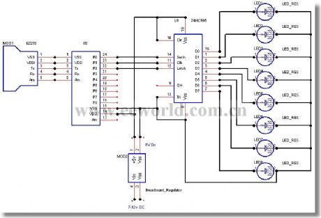 74HC595 driving 8 LED circuit diagram