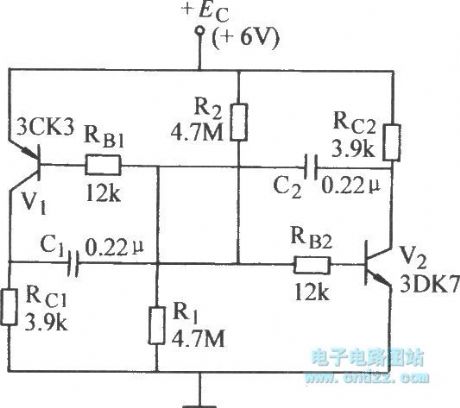 Complementary tube self-excited multivibrator circuit