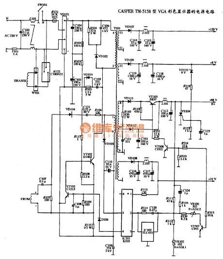 The power supply circuit diagram of CASPER TM-5158 VGA color display