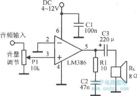 The LM386 typical application circuit