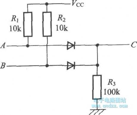The OR circuit C = A + B composed of diode and resistor