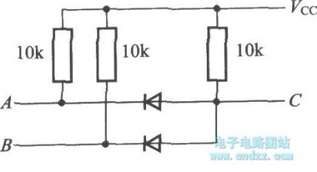 The AND circuit C = A · B composed of diodes and resistors