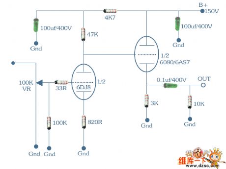 6DJ8 +6 AS7/6080/6N5 high-current power amp circuit