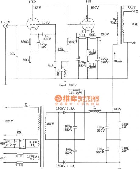 The single-ended Class A 845 power amplifier circuit of high-power tube