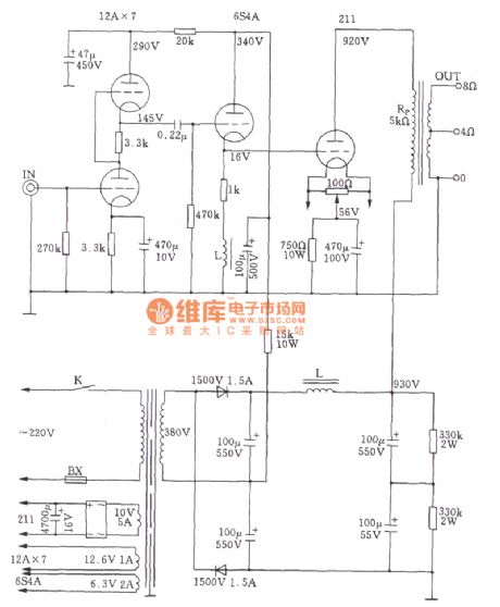 The single-ended Class A 211 power amplifier circuit of high-power tube