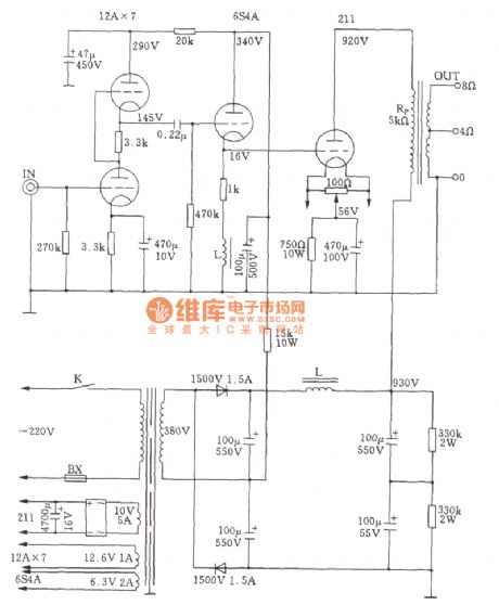 The single-ended Class A 211 power amplifier circuit of high-power tube