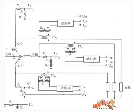 The  ADE7752 circuit diagram with the three-phase four-wire system star connection(The three phase electric energy calculates system)
