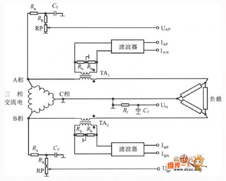 The ADE7752 circuit diagram with three phase three wires system triangle connection