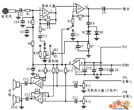 Microphone pre amp and Stereophone Drive Circuit Diagram composed by TS925