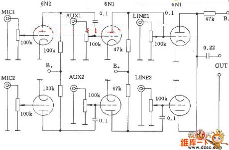 Vacuum tube multipath Audio mixing circuit diagram 2