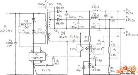 TOP232Y 3 road output switching supply circuit diagram