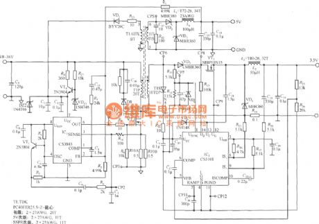 Composed of CS3843 and CS5101 output 5V/3.3V switching DC power supply circuit diagram