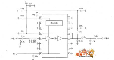 The principle circuit diagram of 915MHz intermediate power amplifier composed of RF2104