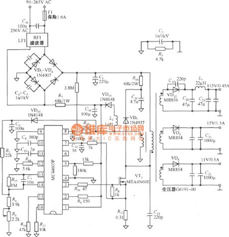 Composed of MC44603P three outputs power supply circuit diagram