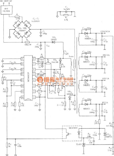 Compose of MC44603P four outputs power supply circuit diagram