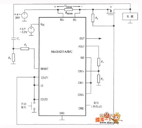 The overpowering protective circuit diagram with the direct current and current measuring system MAX4211