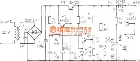 6V radio recorder AC & DC automatic switching regulated voltage power supply circuit