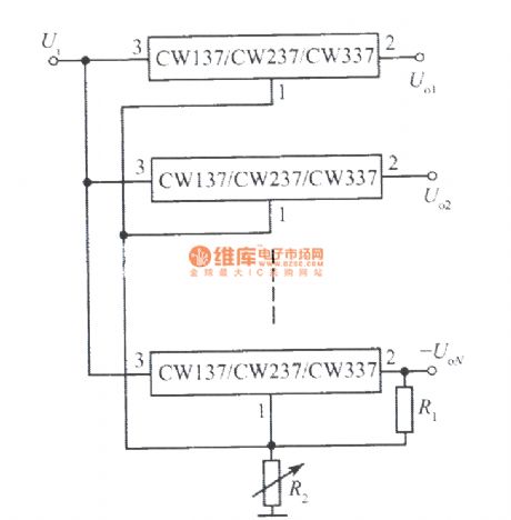 Multipath centralized control adjustable regulated voltage power supply circuit with CW137