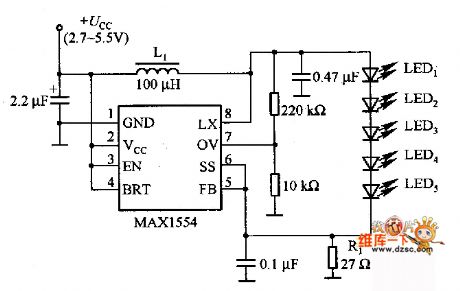 The white LED drive circuit diagram composed of MAX1554