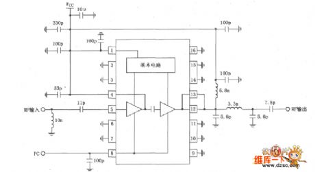 830MHz medium power amplifier principle circuit composed of RF2104
