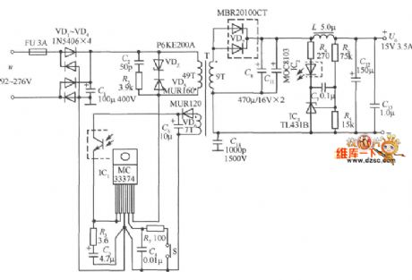 15V／3.5A 52W switching power supply circuit diagram composed of MC33374T／TV