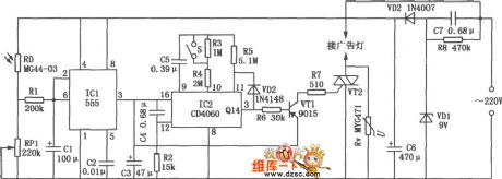 Advertisement lamp automatic control circuit composed of 555、CD4060