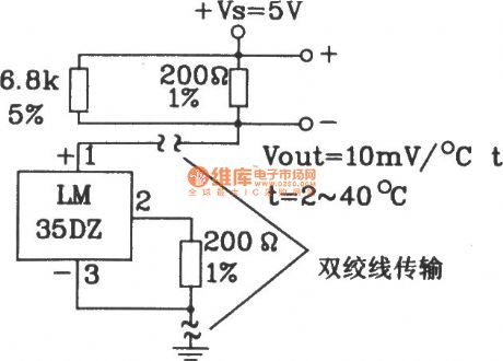 In ground for long-distance transmission circuit composed of LM35DZ celsius temperature sensor