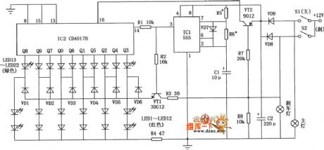 Car light flashing circuit composed of 555, CD4017B