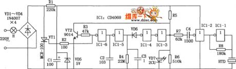 Floodlight energy-saving controller circuit composed of CD4069