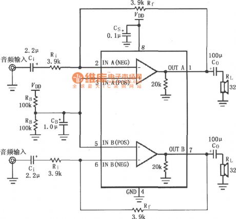 LM4808 typical circuit diagram for two-channel headphone amplifier