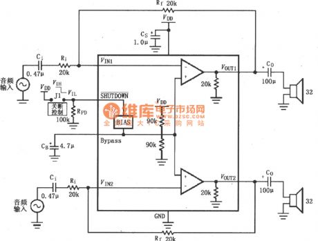 LM4809, LM4810 typical circuit diagram for two-channel headphone amplifier