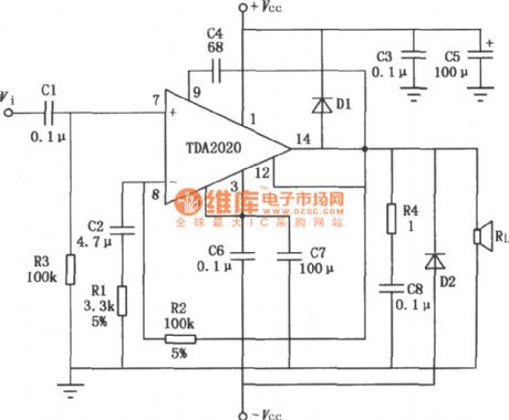 Typical application circuit diagram of 20W Hi—Fi audio power amplifier TDA2020