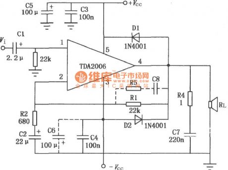 10W Audio power amplifier TDA2006 typical application circuit diagram