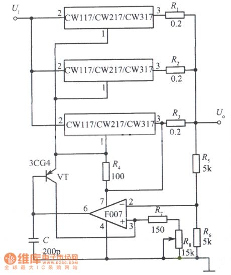Three integrated voltage regulator CW117 parallel expanding output current circuit