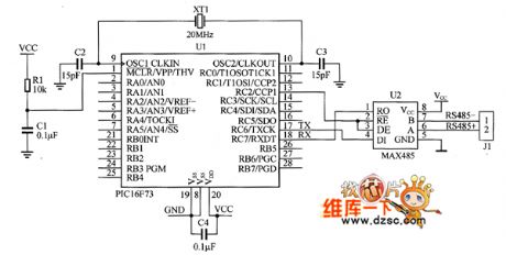 PIC16F73 and MAX485 interface circuit diagram