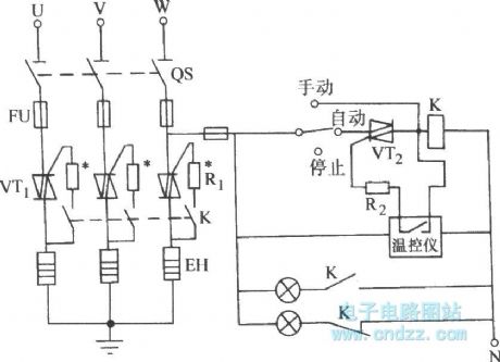 Bi-directional thyristor control three-phase electric heating device typical circuit