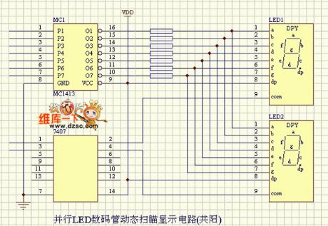 Dynamic display circuit diagram of parallel LED digital tube (common anode)