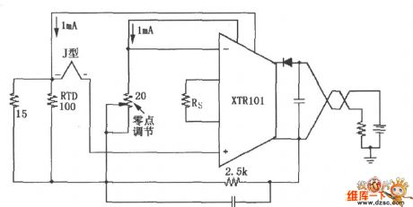 RTD cold junction compensation thermocouple input circuit composed of XTR101