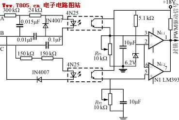 Three phases of phase lack protection circuit