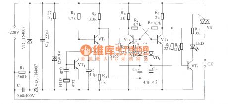 The circuit diagram of sound controlling supply socket composed of transistor