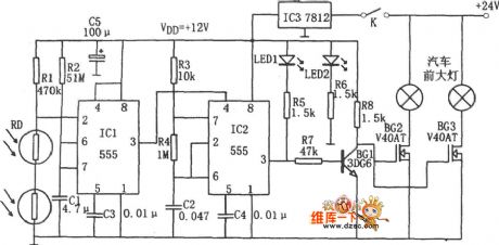 Car headlight automatic controller circuit composed of 555