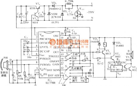 Music socket circuit diagram with infrared sensor application-specific integrated circuit using KC778B