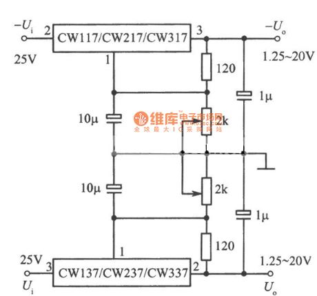 Adjustable positive and negative output voltage integrated voltage regulator circuit