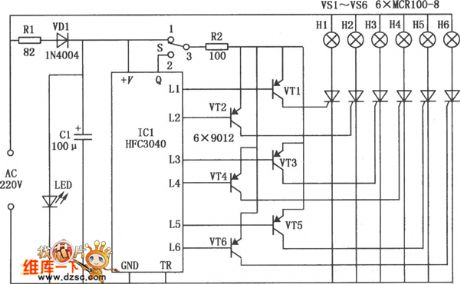 Six-way loop lantern control circuit composed of HFC3040