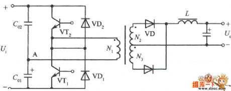 Half-bridge converter power supply circuit diagram composed of two capacitors and high voltage transistors